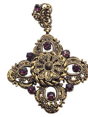 Vintage Renaissance Revival Filigree Cross Pendant Necklace Purple Rhinestones